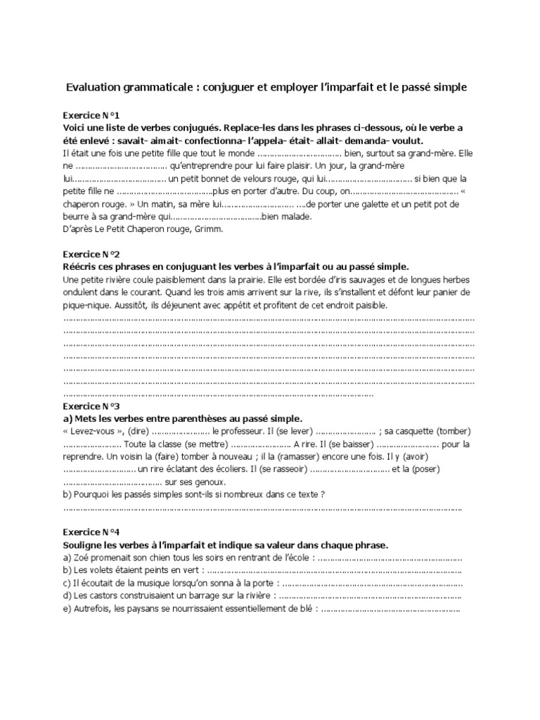 Dictée Imparfait Passé Simple 6ème Evaluation Grammaticale IMPARFAIT PASSE SIMPLE | PDF | Grammaire |  Linguistique