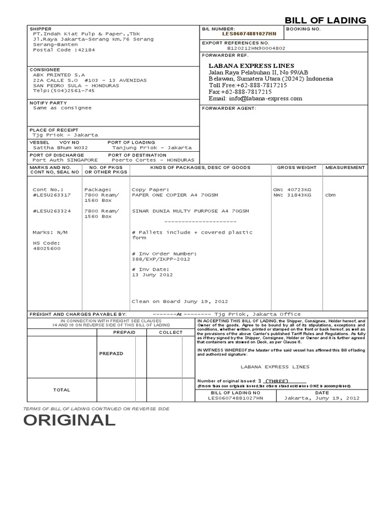 Concept Bill of Lading | PDF | Bill Of Lading | Cargo