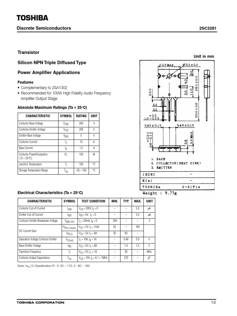 Toshiba 2SC3281 Transistor Overview | PDF | Bipolar Junction Transistor ...