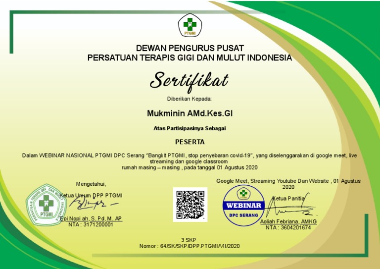 Sertifikat Peserta Webinar PTGMI | PDF