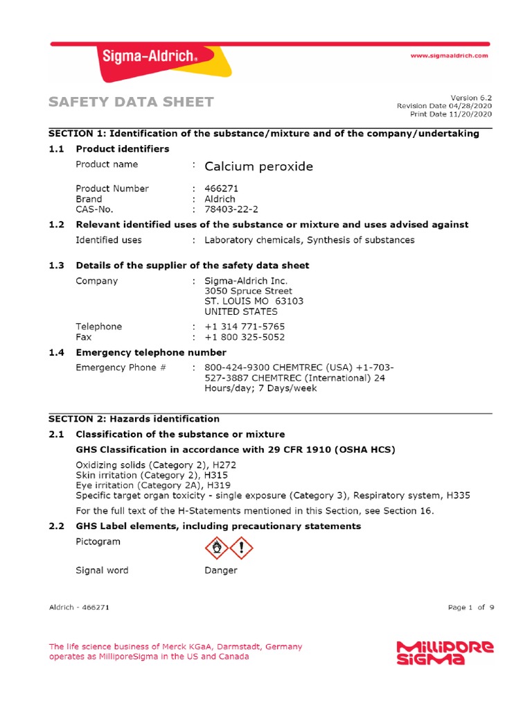Calcium Peroxide SDS PDF