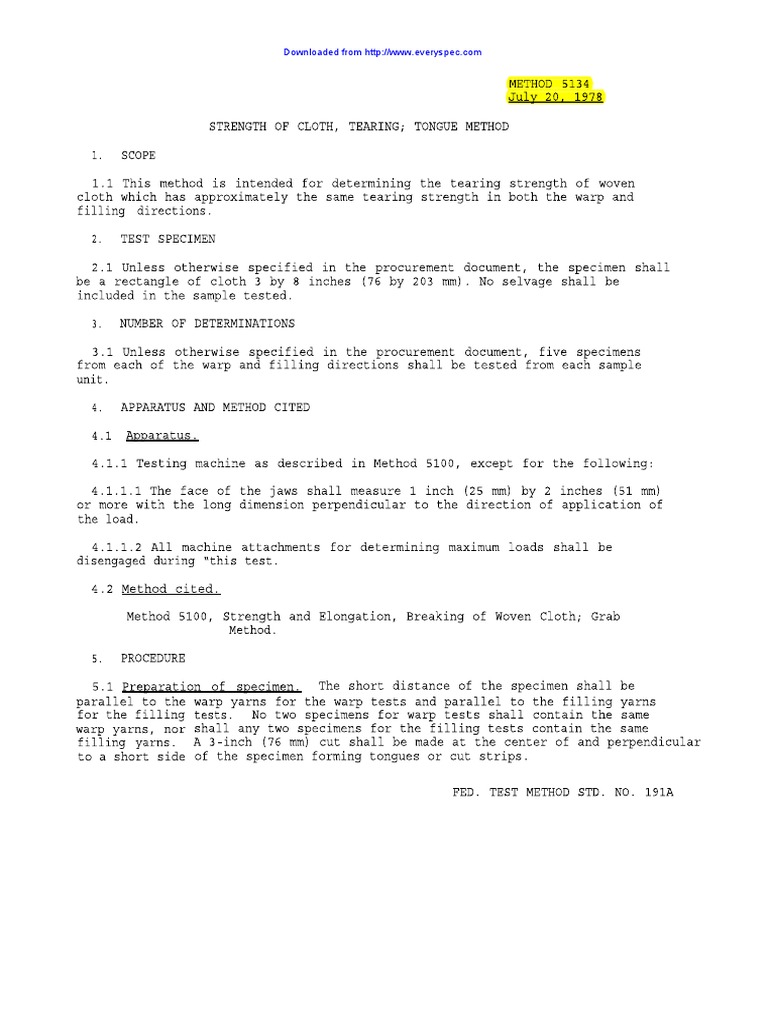FED-STD-191A 5134 - en (1978) Strength of Cloth, Tearing, Tongue Method ...