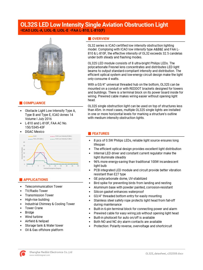 OL32S LED Low Intensity Single Obstruction Light Datasheet v202008