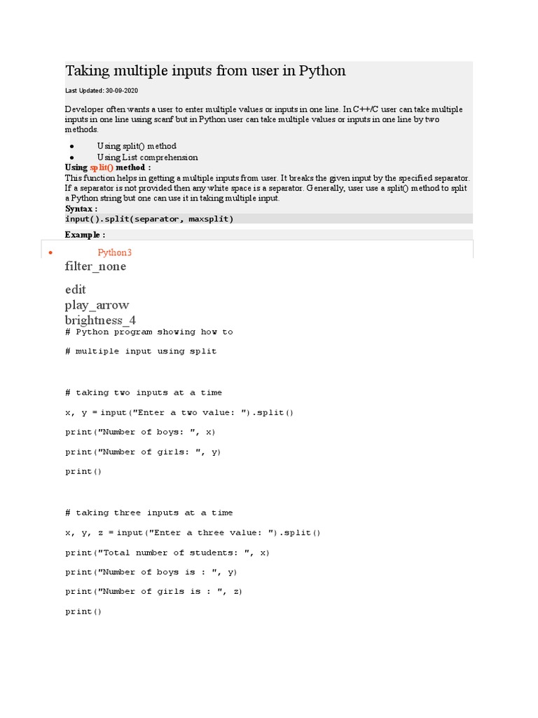 Taking Multiple Inputs From User in Python | PDF | Python (Programming ...