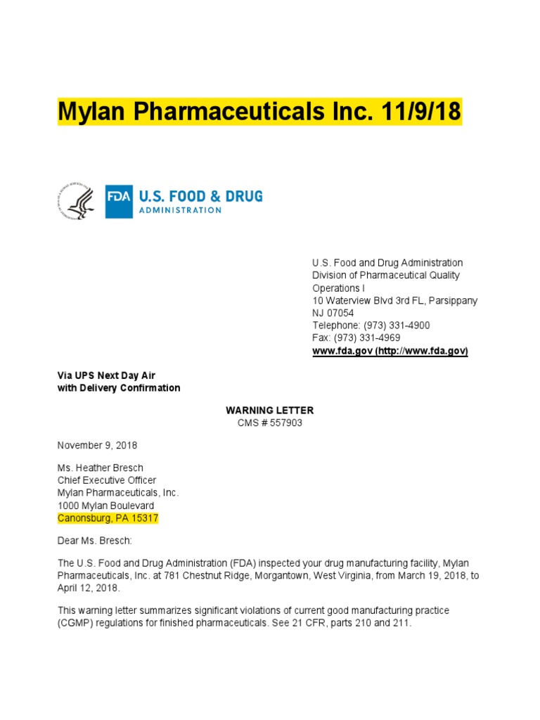 US FDA Warning Letter To Mylan Pharmaceuticals Inc. PDF Food And