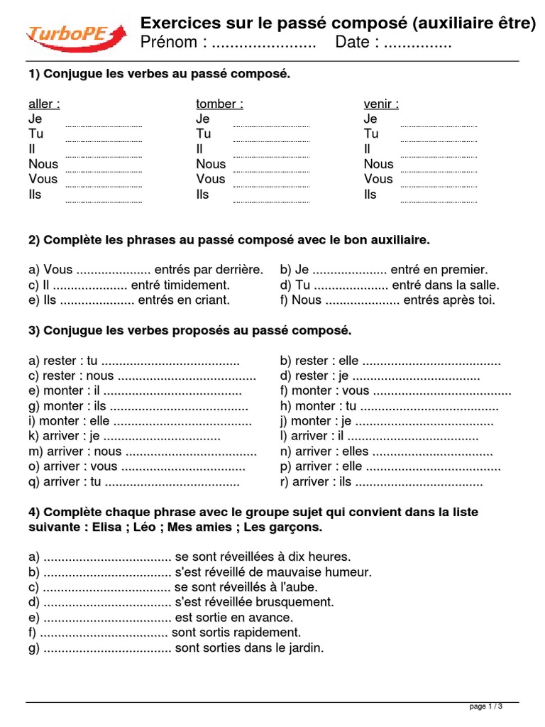 évaluation Passé Composé Cm1 Avec Correction Fiche Exercices Sur Le Passe Compose Auxiliaire Etre 8ztkbBJ3 | PDF |  Grammaire | Syntaxe