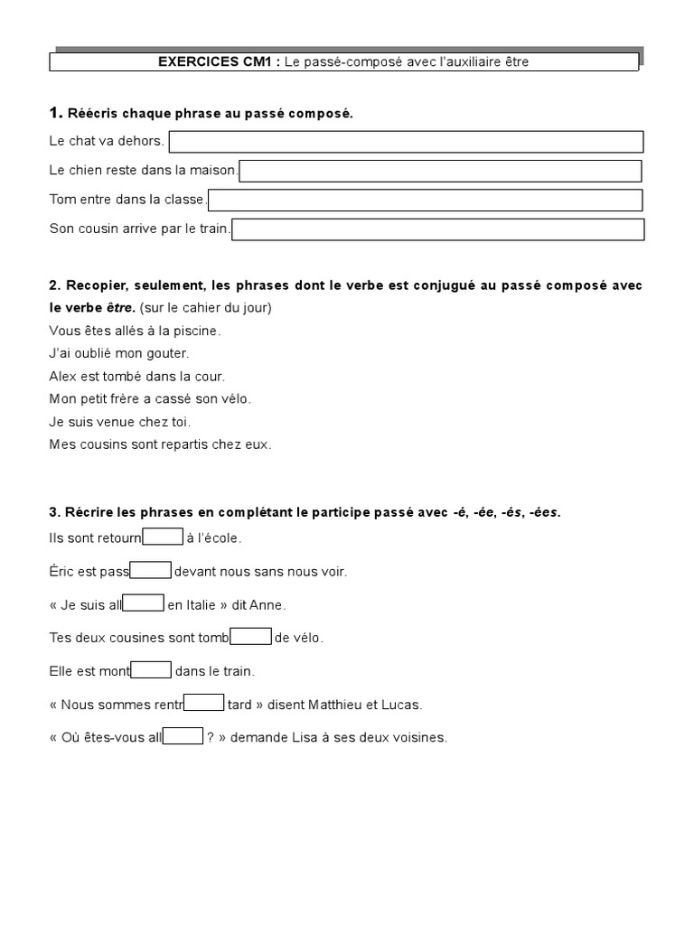Exercice Passé Composé Cm1 En Ligne Passé Composé Avec Être CM1 1 | PDF