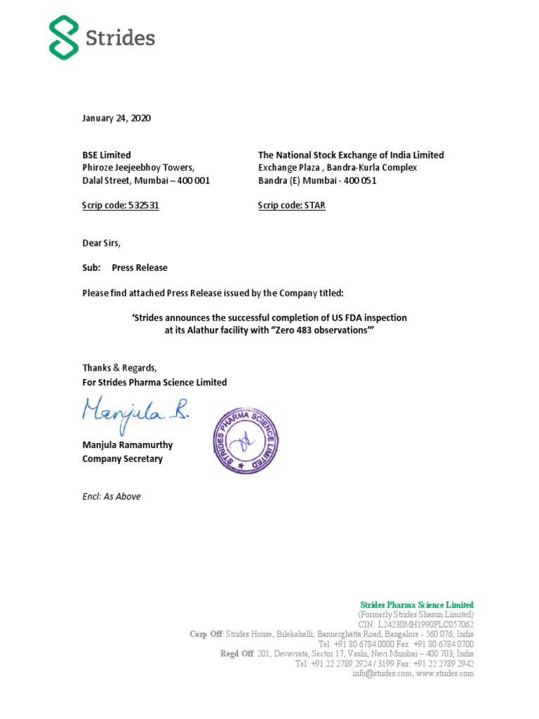 Usfda Inspection at Alathur Facility With Zero 483 Observations | PDF ...