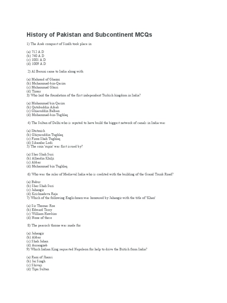 History of Pakistan and Subcontinent Mcqs | PDF