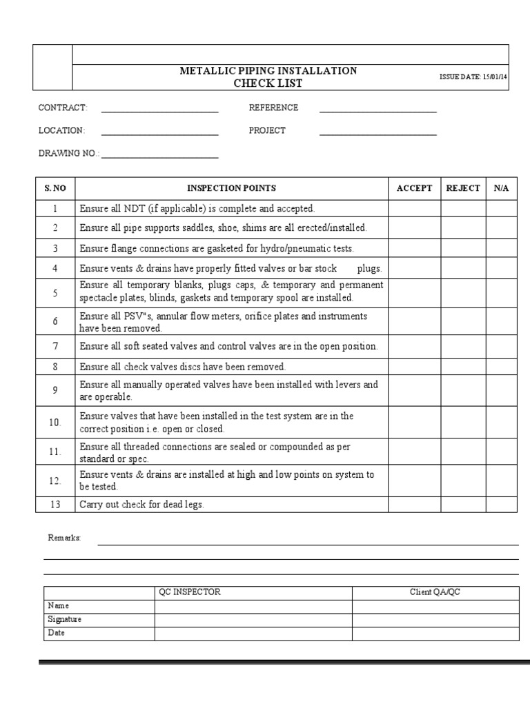 Metallic Piping Installation Checklist | PDF