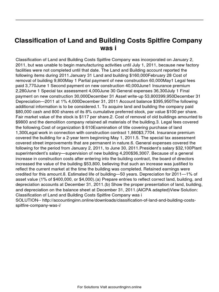 Classification of Land and Building Costs Spitfire Company Was I PDF