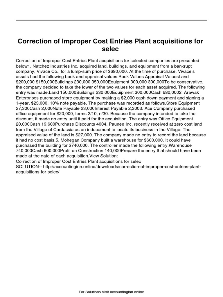 Correction of Improper Cost Entries Plant Acquisitions For Selec PDF | PDF