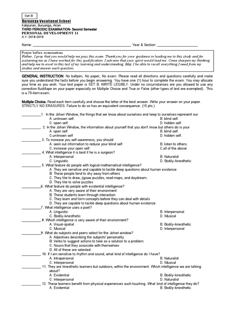 Perdev Exam Set B | PDF | Multiple Choice | Test (Assessment)