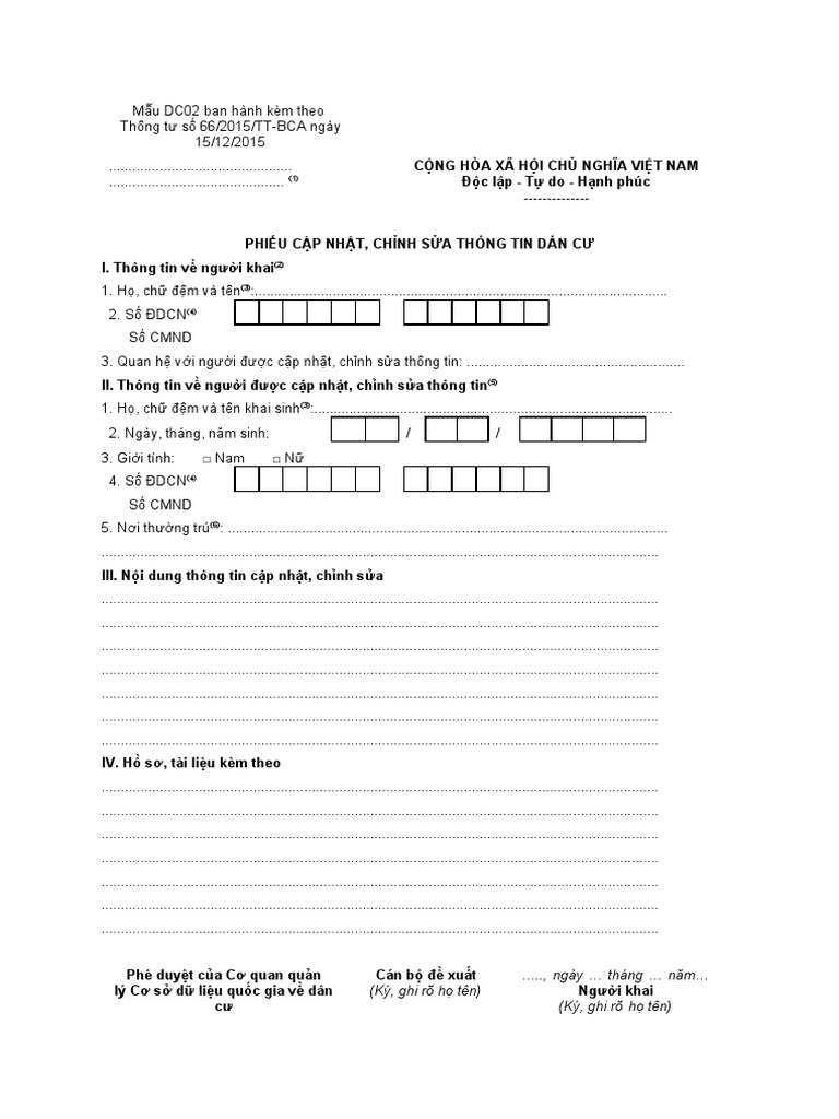 Phieu Cap Nhat Chinh Sua Thong Tin Dan Cu | PDF