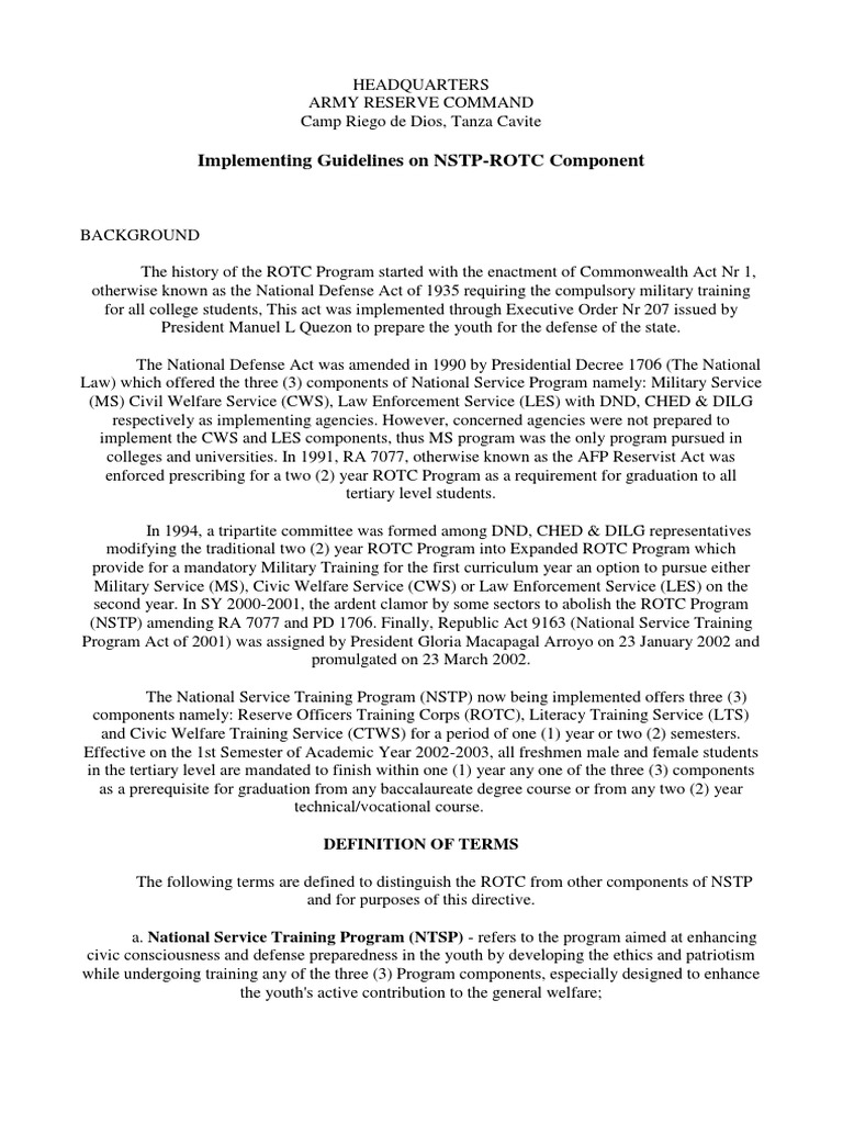 NSTP-ROTC Implementation Guidelines | PDF | Reserve Officers' Training ...
