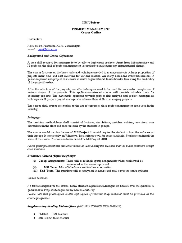 IIM Udaipur Project Management Course | PDF | Project Management | Risk ...