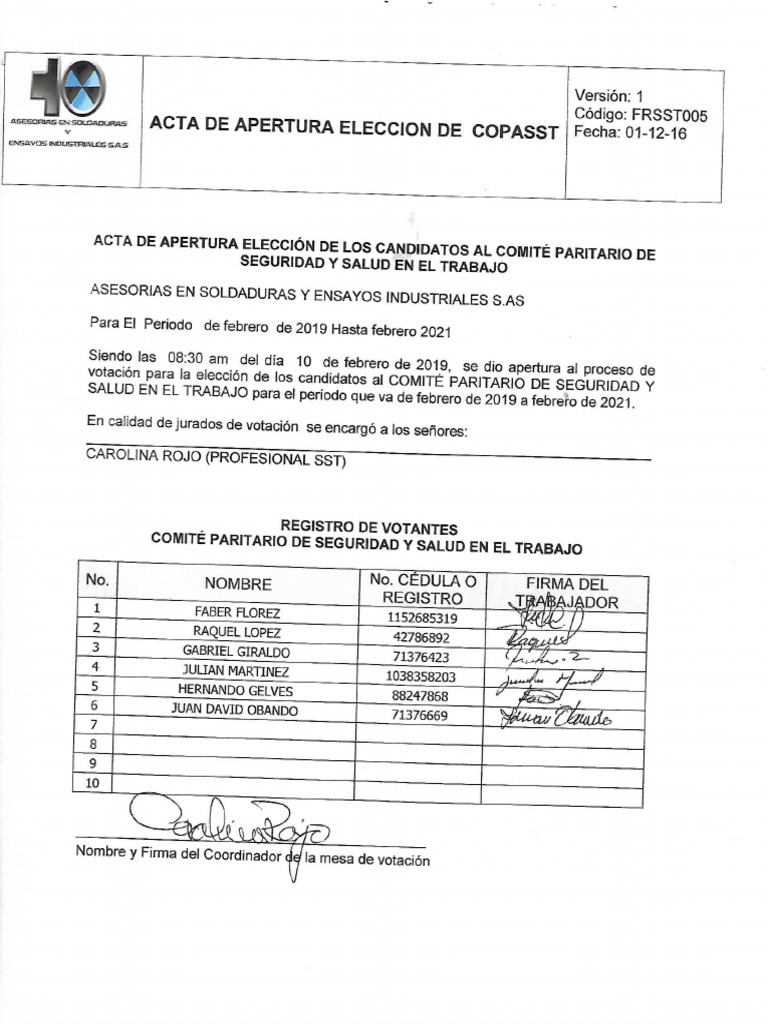 Acta de Apertura Eleccion Copasst 2019 PDF | PDF