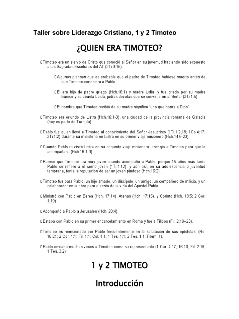 Taller de Liderazgo en 1 y 2 Timoteo | PDF | Pablo el apóstol | Cristo ...