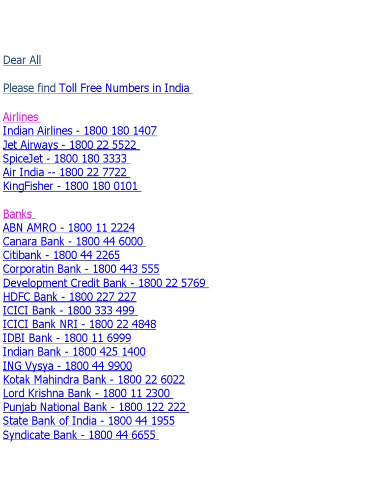 Toll Free Numbers in India | PDF | Companies | Business