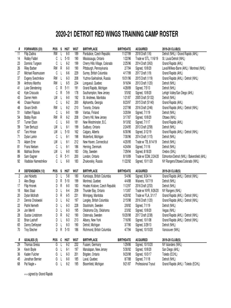 2020-21 Detroit Red Wings Training Camp Roster | PDF | Detroit Red ...