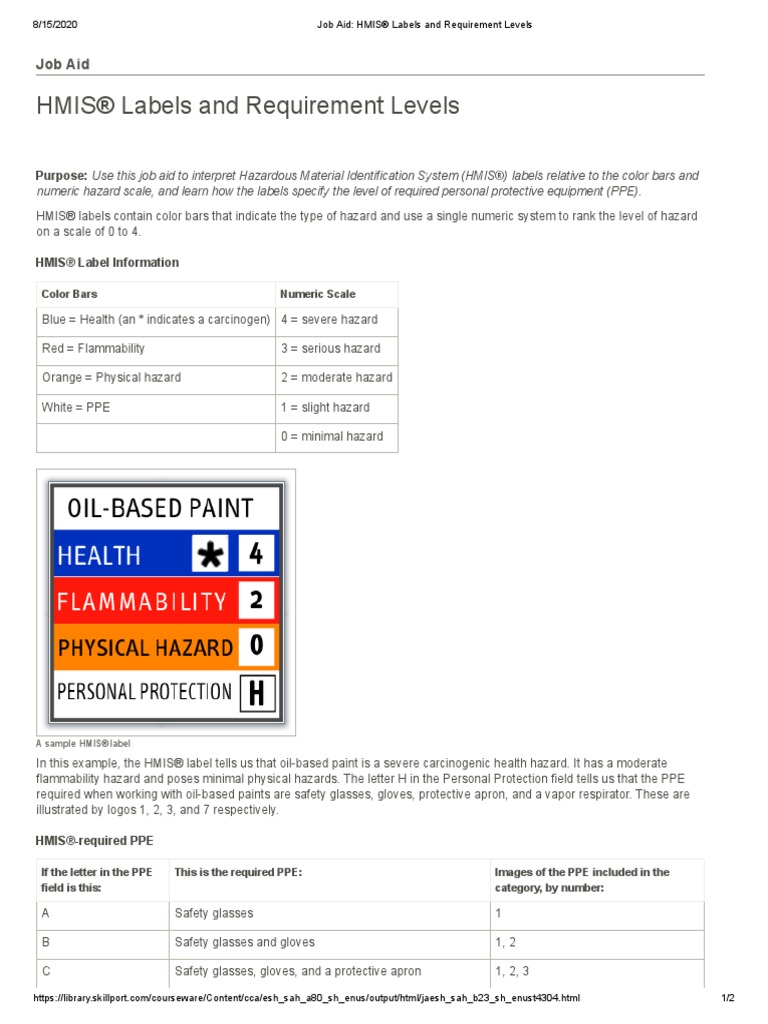 HMIS® Labels and Requirement Levels PDF Personal Protective