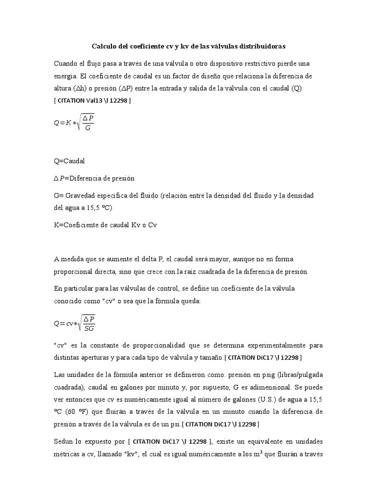Calculo Del Coeficiente CV y KV de Las Valvulas Distribuidoras PDF