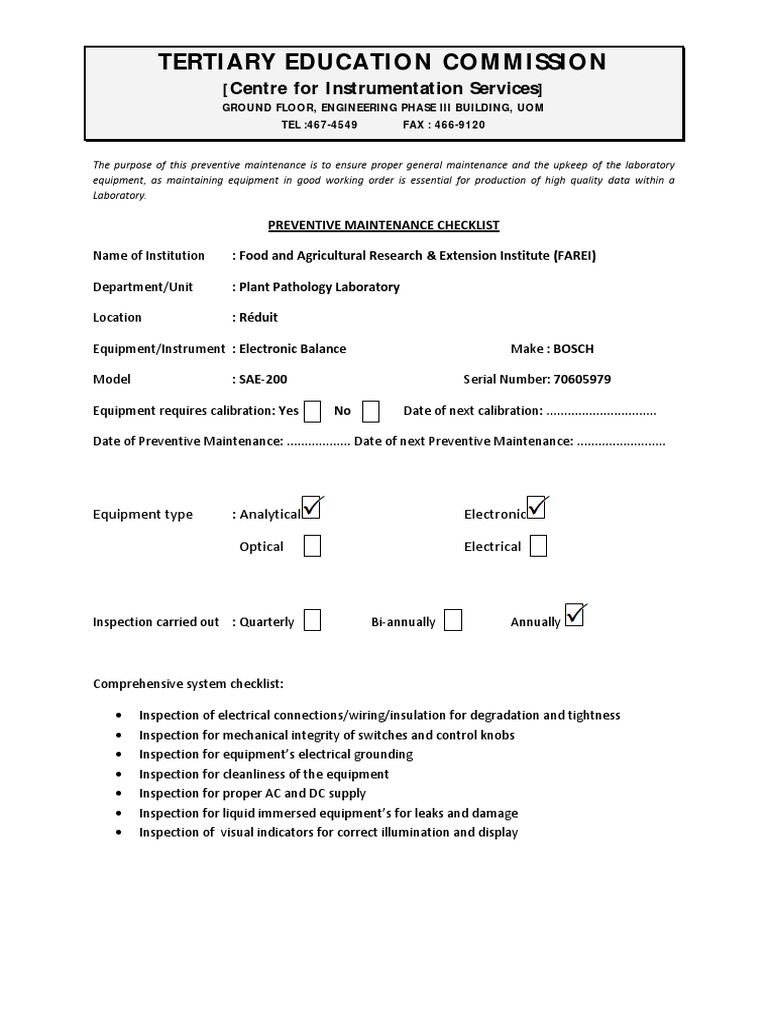 Preventive Maintenance Checklist for Lab Equipment PDF Electrical