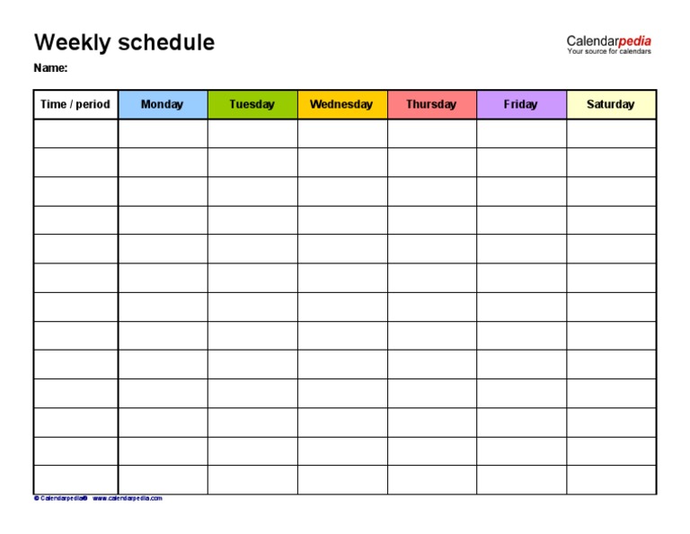 Weekly Schedule: Name: Time / Period Monday Tuesday Wednesday Thursday ...
