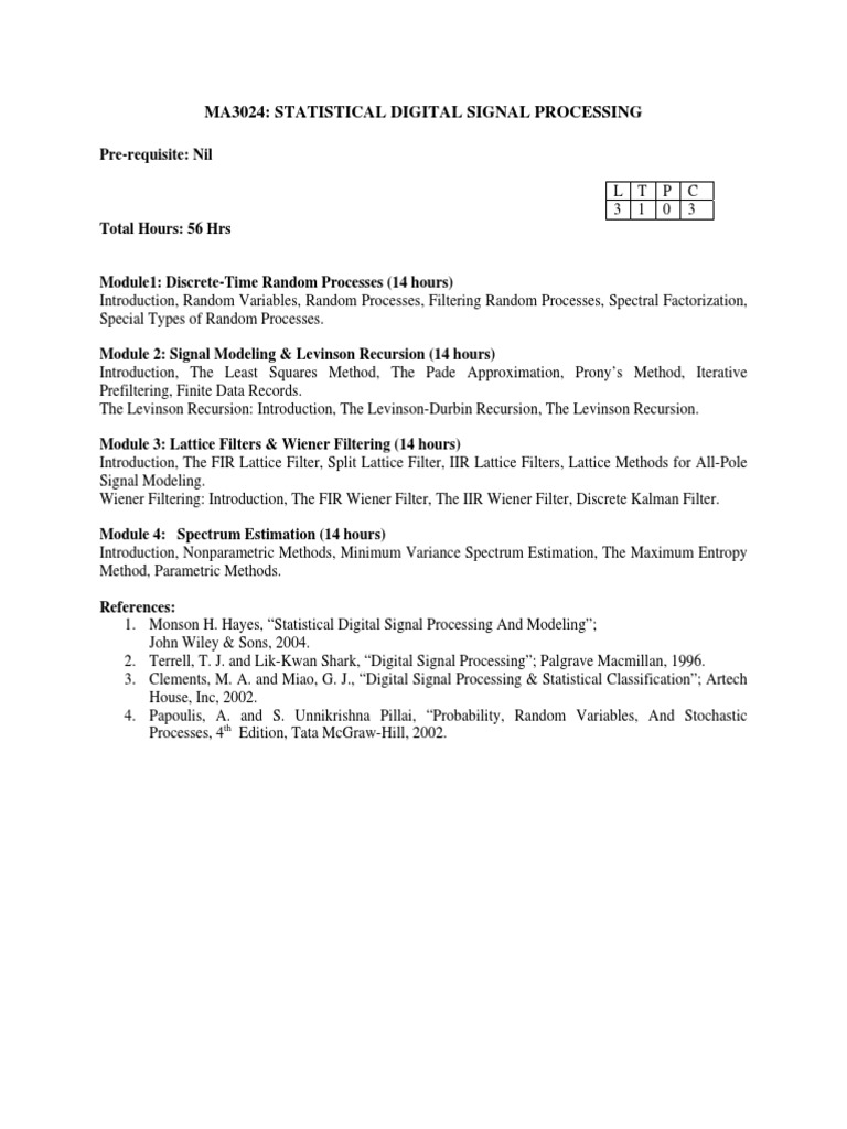 Ma3024 Statistical Digital Signal Processing PDF
