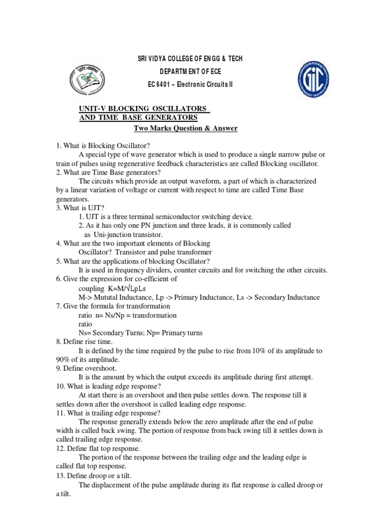 UnitV Blocking Oscillators and Time Base Generators Two Marks Question