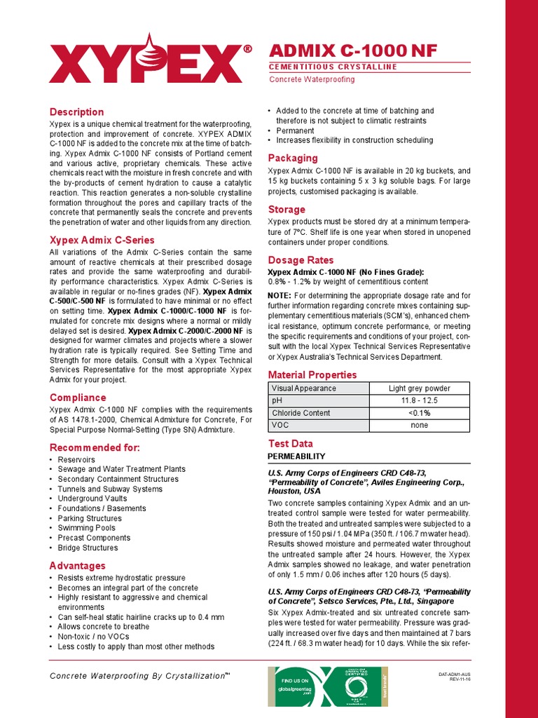 Xypex Admix C1000NF Datasheet PDF Concrete Cement