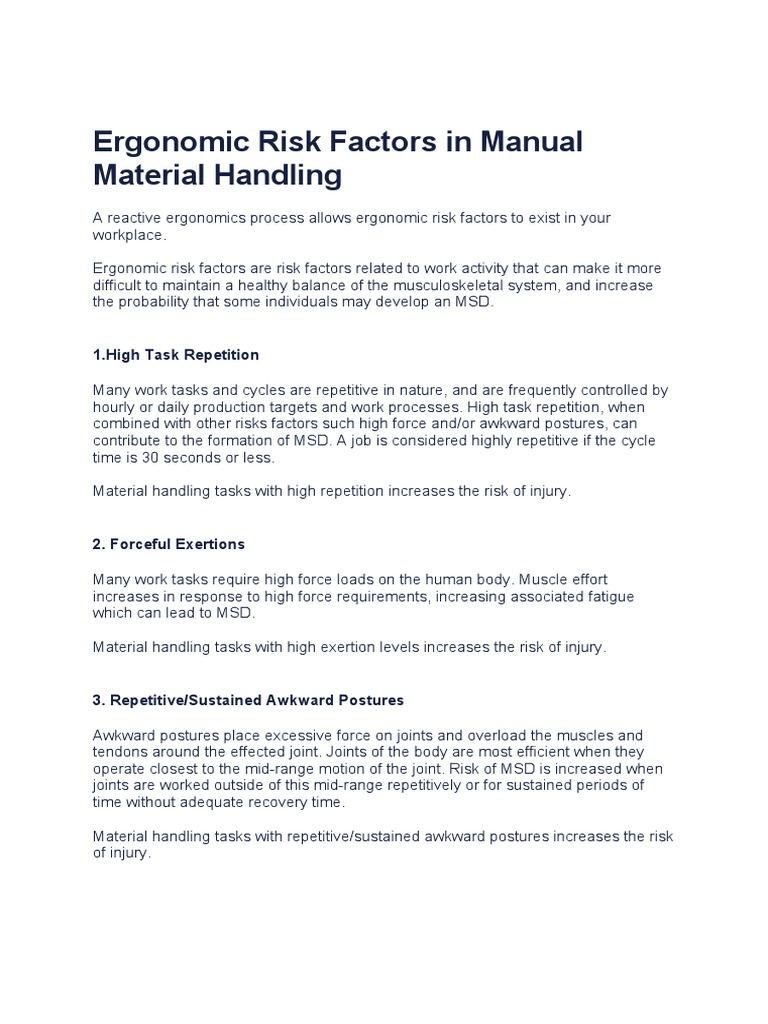 Ergonomic Risks in Manual Handling | PDF | Public Health | Medical ...