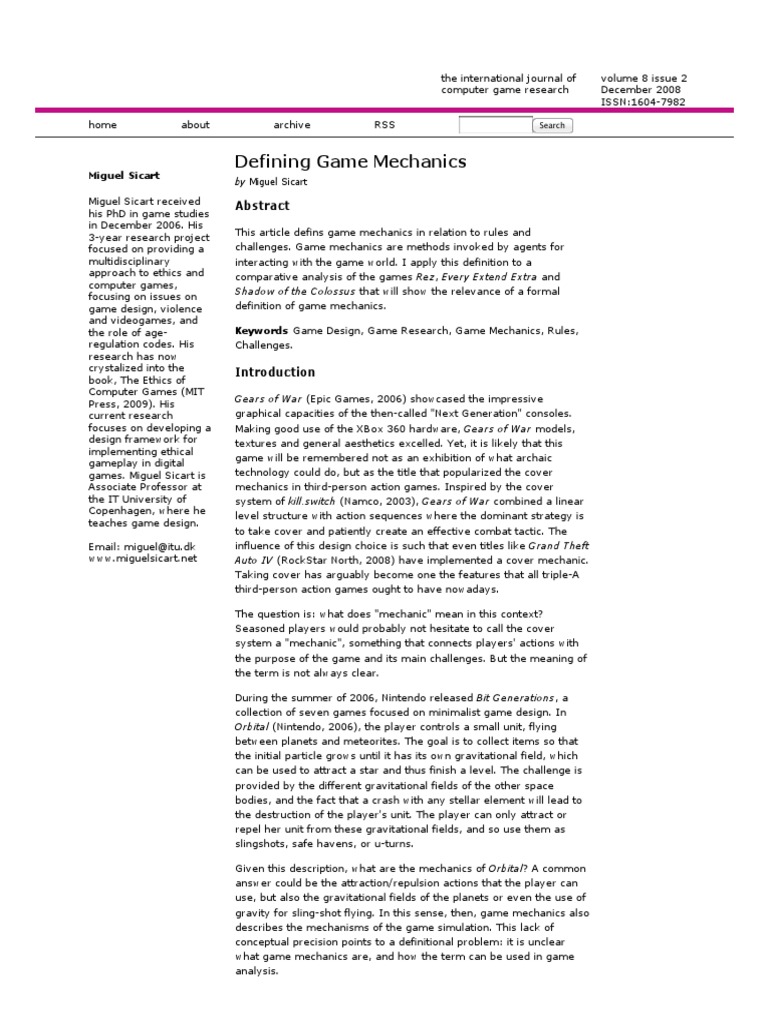 Defining Game Mechanics Miguel Sicart Pdf Method Computer