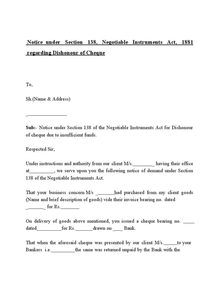 Under Section 138, Negotiable Instruments Act, 1881: Notice Regarding ...