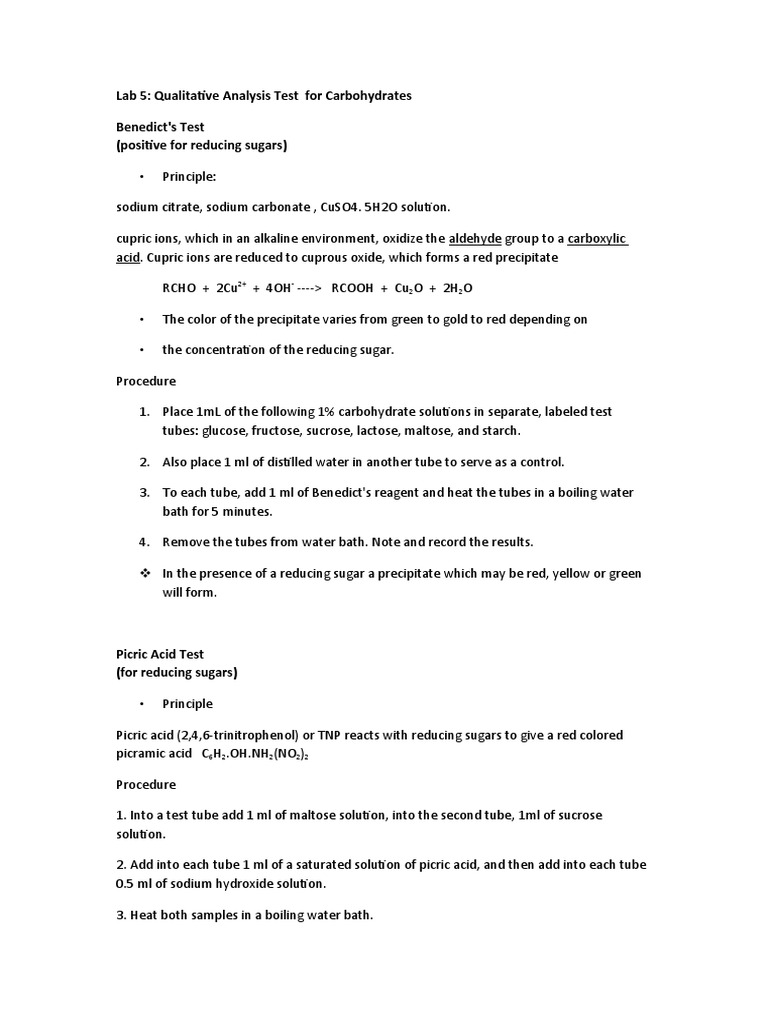 Lab 5 Qualitative Analysis Test For Carbohydrates Benedict's Test