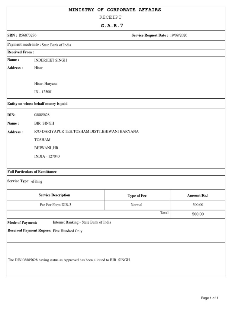 Receipt for DIR-3 Fee Payment | PDF