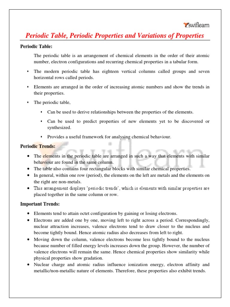 Periodic Table Periodic Properties and Variations of Properties | PDF ...
