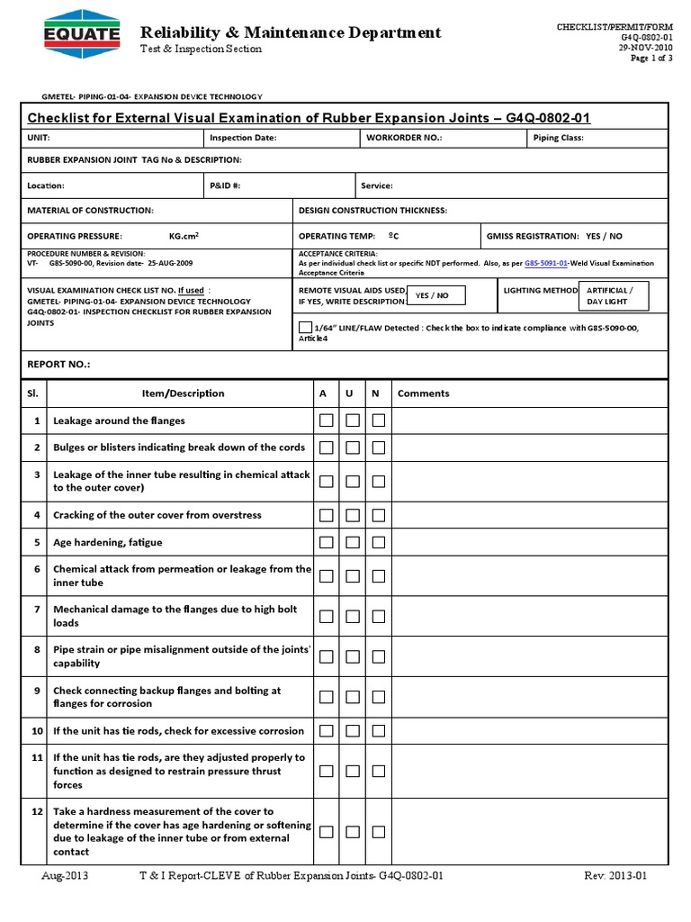 Rubber Expansion Joints Inspection Checklist | PDF | Pipe (Fluid ...