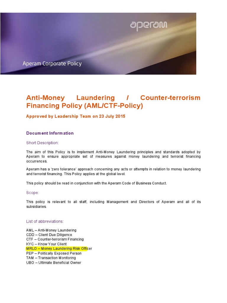 AntiMoney Laundering / CounterTerrorism Financing Policy (AML/CTF