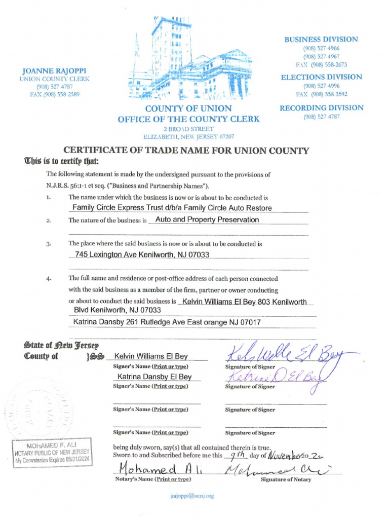 Certificate of Trade Name Family Circle Express Trust Kelvin El Bey PDF