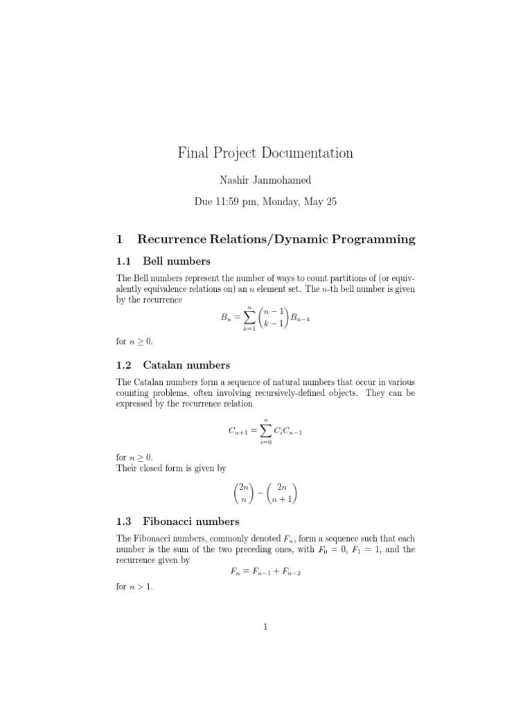 Final Project Documentation: 1 Recurrence Relations/Dynamic Programming ...