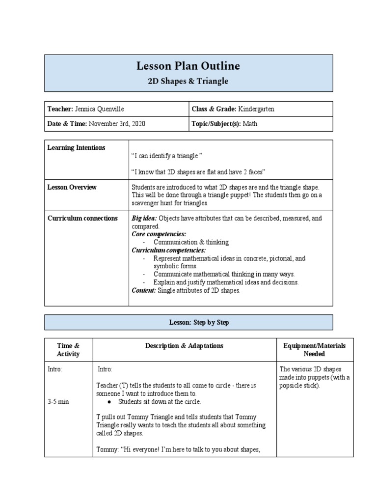 Lesson Plan Outline: 2D Shapes & Triangle | PDF | Shape | Curriculum