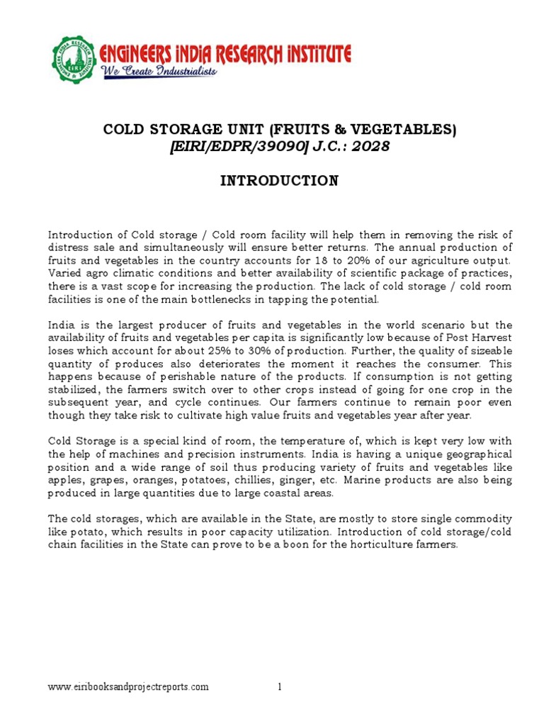 Project Report On Cold Storage Unit (Fruits & Vegetables) | PDF ...