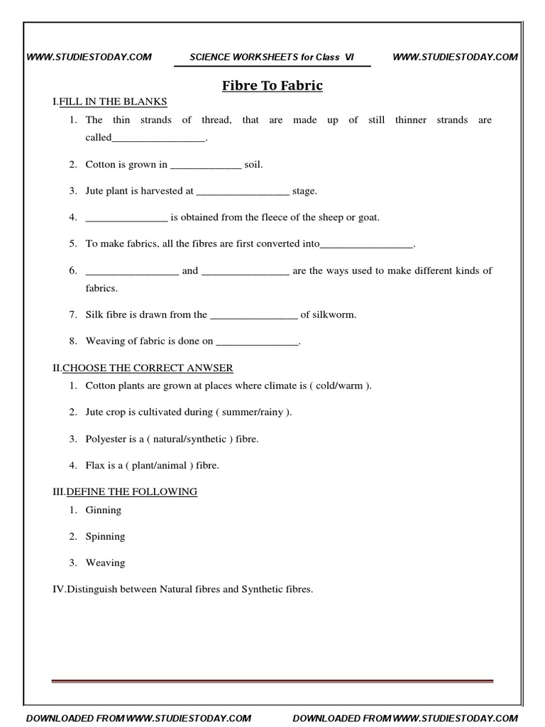 cbse class 6 worksheet fibre to fabric pdf spinning textiles textiles