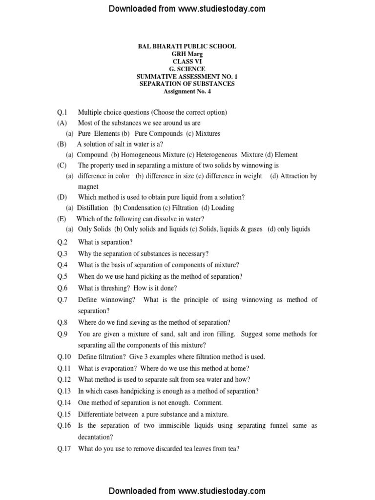 cbse class 6 science practice worksheets pdf mixture filtration