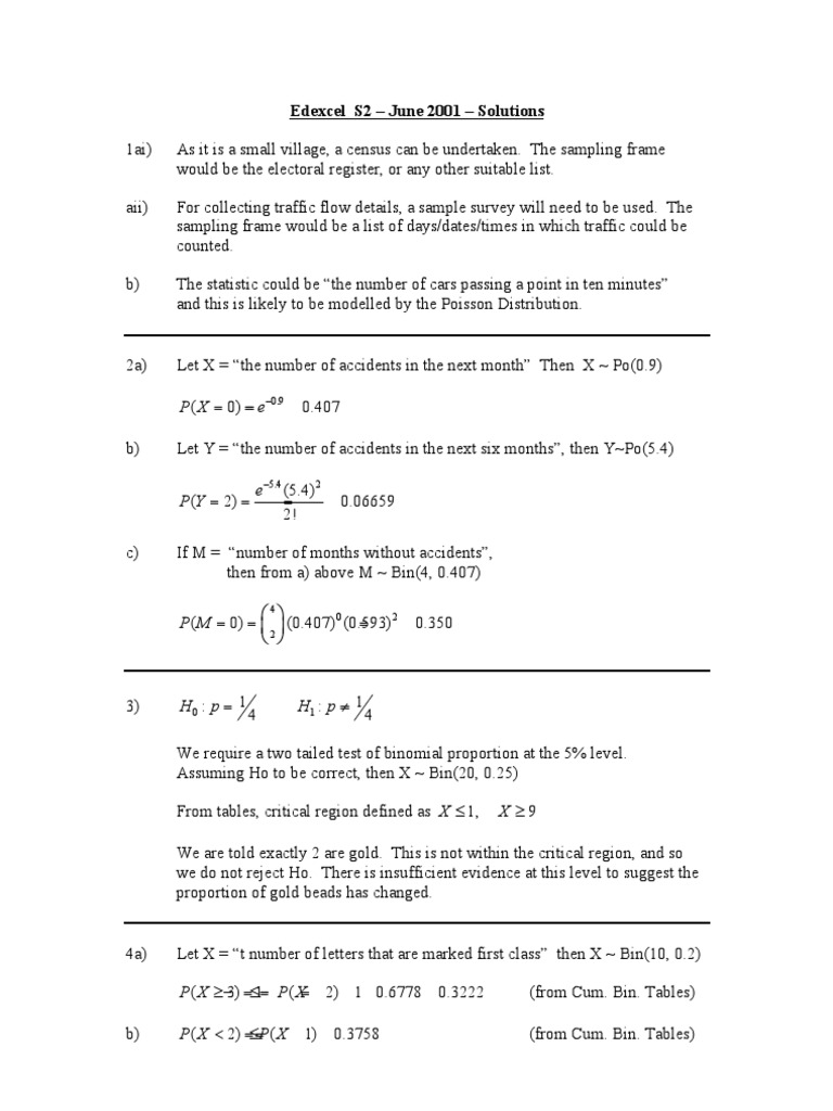 Edexcel S2 June 2001 Solutions Guide | PDF | Probability And Statistics ...