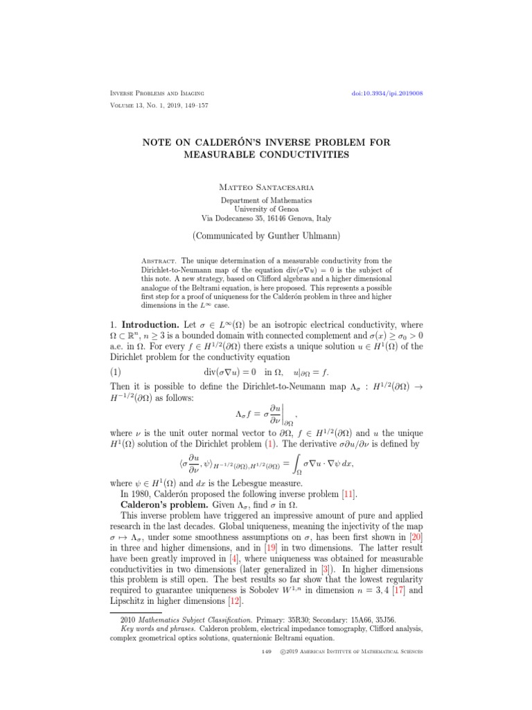 Calderón's Inverse Problem Strategy | PDF | Equations | Exponential ...