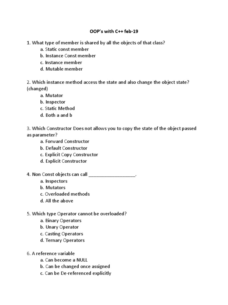 OOP's With C++ Feb-19 | PDF | Constructor (Object Oriented Programming ...
