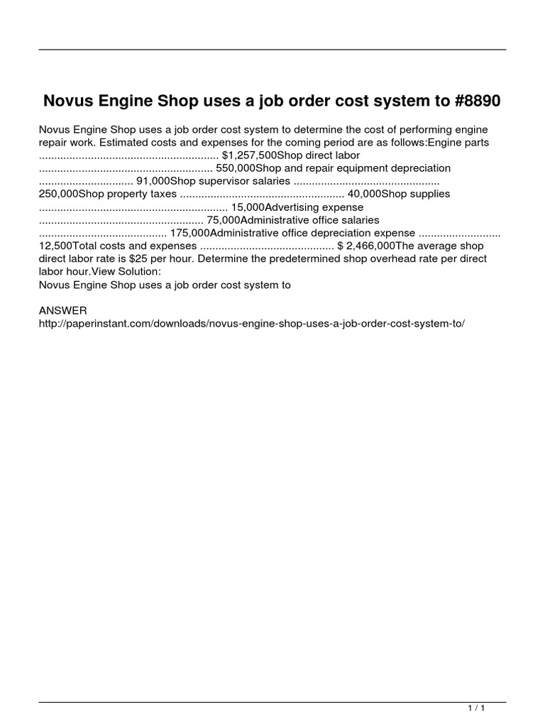 Novus Engine Shop Job Order Cost Analysis | PDF | Finance & Money ...