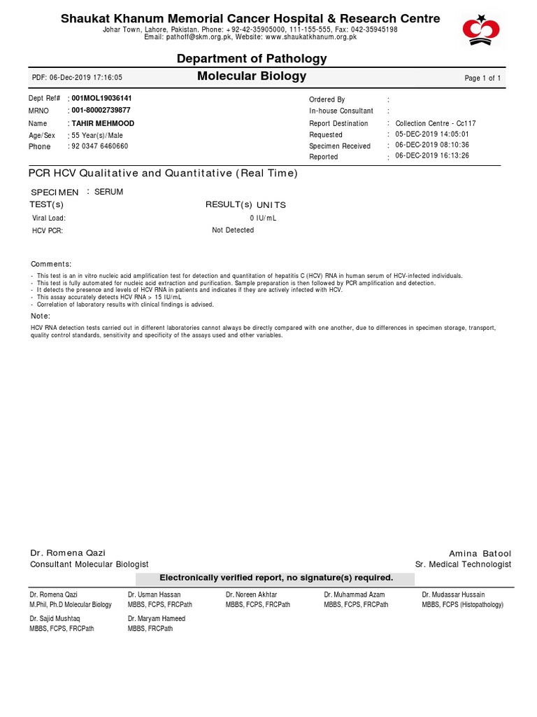 HCV PCR Quantitative Test Report | PDF | Hepatitis C | Polymerase Chain ...